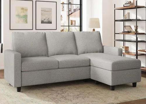 Vista 6 de HONBAY Sofá seccional convertible en forma de L con tela de lino, sofá reversible para espacio pequeño, gris medio claro