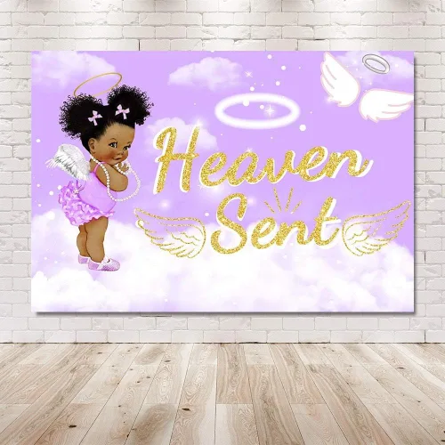 Vista 6 de MEHOFOND Telón de fondo para fiesta de baby shower, 7 x 5 pies, cielo morado, nube, blanco, alas de ángel, decoración de alas de ángel, regalo