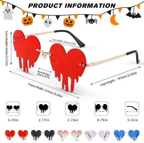 Vista 7 de Pro Acme Gafas de sol rojas con llama goteante para mujeres y hombres, con tonos de corazón, disfraz de Halloween, gafas de fiesta sin montura