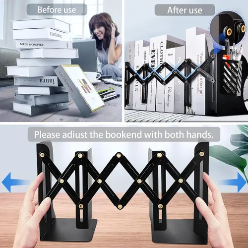 Vista 5 de Extremos de libros resistentes para sostener libros con soporte para bolígrafos, sujetalibros ajustables, extremos de metal para estantes, soportes