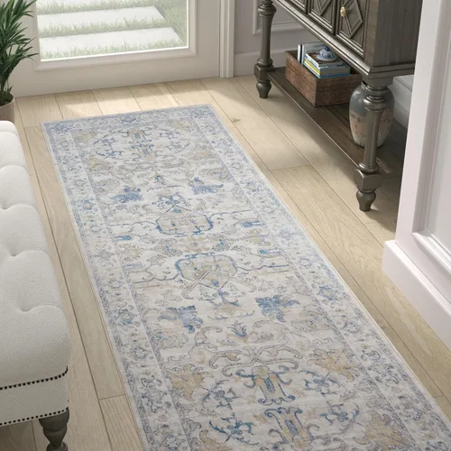 Vista 158 de jinchan Lima - Alfombra simétrica floral geométrica lavable, alfombra de entrada de medio círculo de 2 x 3, alfombra de media luna, suave y Azul