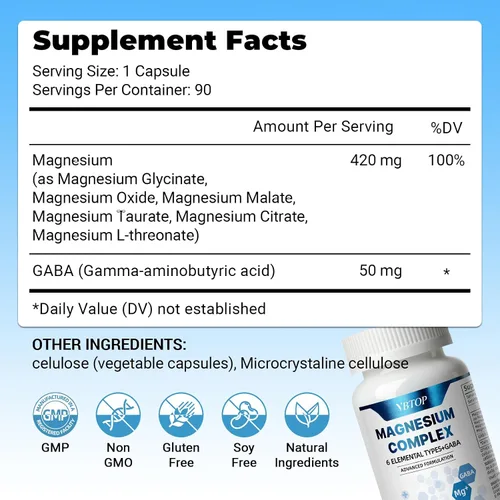 Vista 2 de Complejo de magnesio seis veces 470 mg de glicinato de magnesio, malato, citrato, taurina, óxido, L-treonato para músculos, nervios y energía