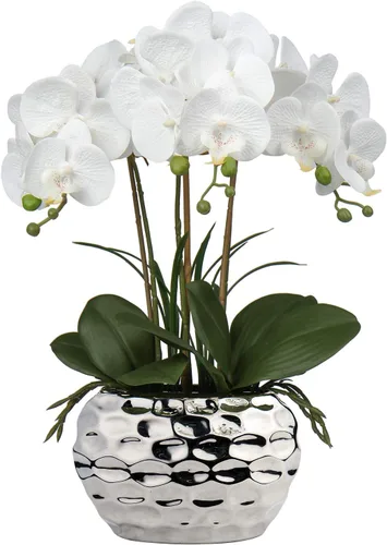 Vista 8 de Briful Orquídeas artificiales de 18 pulgadas, orquídea azul Phalaenopsis grande con macetas de cerámica plateada, flor de orquídea falsa