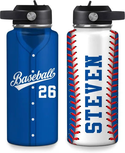 Vista 19 de Hyturtle Botella de agua de béisbol personalizada, botella de acero inoxidable aislada de viaje con tapa a prueba de fugas, 18 onzas, 32 onzas