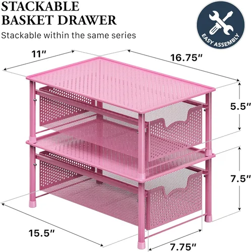 Vista 2 de Simple Houseware - Cajón organizador de cesta de gabinete apilable, rosa