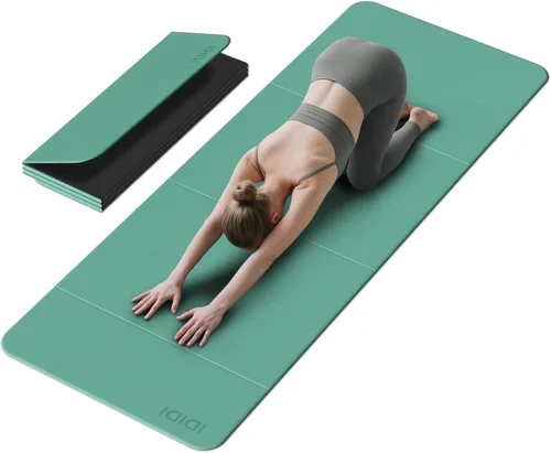 Vista 12 de Esterilla de yoga plegable extra grande de 74 x 31.5 pulgadas, 0.315 pulgadas, de doble cara, antideslizante, ligera, para hombre y mujer, portátil