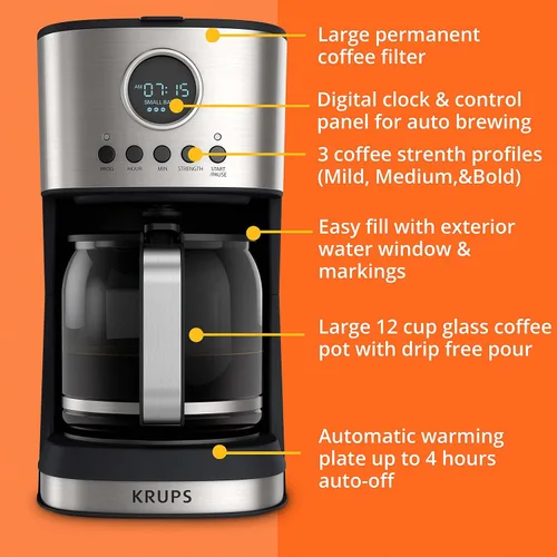 Vista 8 de Krups Essential Brew - Cafetera de goteo de acero inoxidable, 12 tazas de 99 vatios, control digital, filtro de café, sin goteo, apto