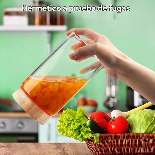 Vista 4 de Botes de vidrio con tapas herméticas de bambú - Juego de 3 envases de 80oz para cereales, frascos para galletas, almacenamiento de pasta - Tarros