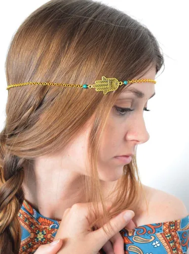 Vista 2 de DoubleNine Boho Hand of Hasma Fatima - Collar de cadena de cabeza turquesa para novia, boda, diadema, accesorios para el cabello, pieza de pelo