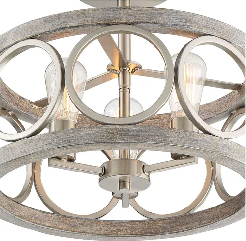 Vista 3 de Franklin Iron Works Salima - Lámpara de techo industrial rústica de 16 pulgadas de ancho, 3 luces con acabado de madera gris níquel cepillado