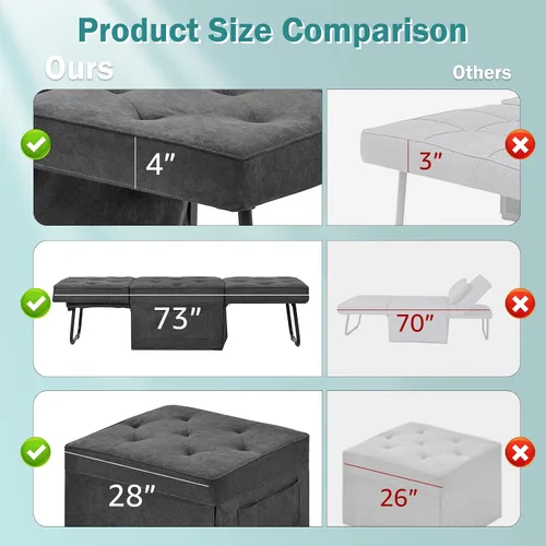 Vista 8 de Sofá Cama Convertible, Cama Otomana Plegable Multifunción 4 en 1 con Respaldo Ajustable, Moderna Silla Cama Extraíble para Sala de Estar Gris