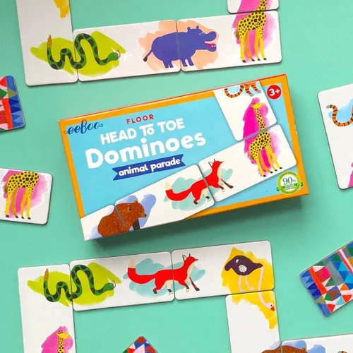 Vista 2 de eeBoo Animal Parade Dominó de pies a cabeza – Juego a juego de 28 piezas, azulejos de animales coloridos, diversión sin pantalla para niños a partir