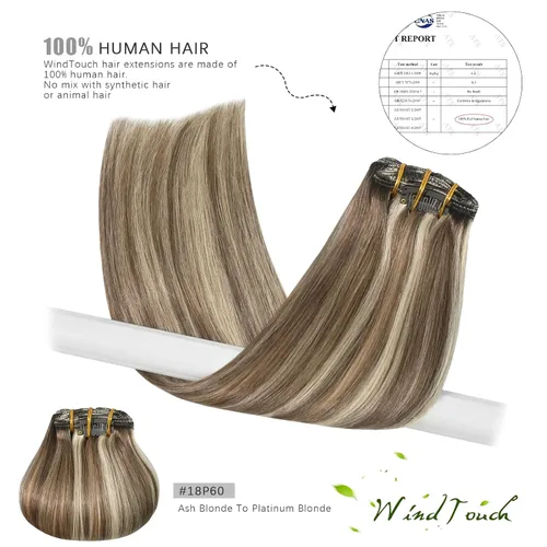 Vista 5 de WindTouch Extensiones de cabello humano real con pinzas, balayage, color rubio ceniza a rubio platino, con reflejos gruesos para cabeza completa, 14