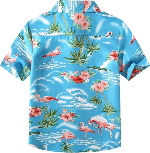 Vista 2 de SSLR Camisa hawaiana para niños grandes, camisa hawaiana para niños, camisa de flamencos, camisa Luau de manga corta para niños