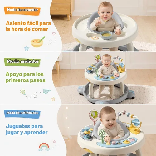 Vista 2 de Andador de bebé con ruedas, andador plegable para bebés de 6 a 12 meses, asiento giratorio de 3 posiciones con centro de actividad interactivo Gris