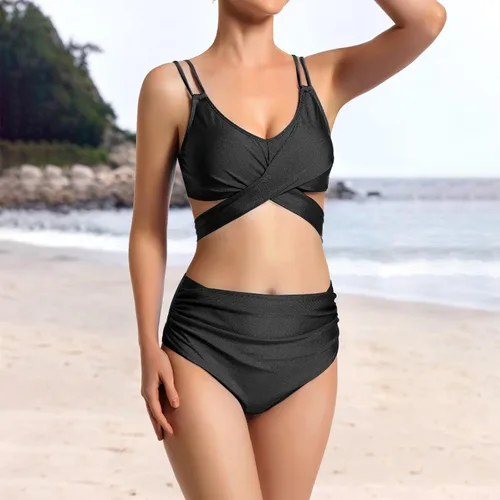 Vista 5 de OWICA Conjunto de bikini de cintura alta con efecto push up, traje de baño de 3 piezas ajustable con control de abdomen para mujer, parte delantera