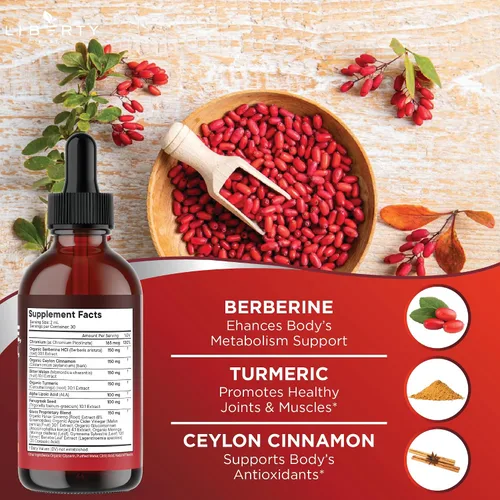 Vista 6 de Berberina con Suplemento de Canela de Ceilán Gotas Líquidas + Extracto de Melón Amargo, Glucomanano, Gymnema, Cromo, Cúrcuma, Panax Ginseng, Moringa