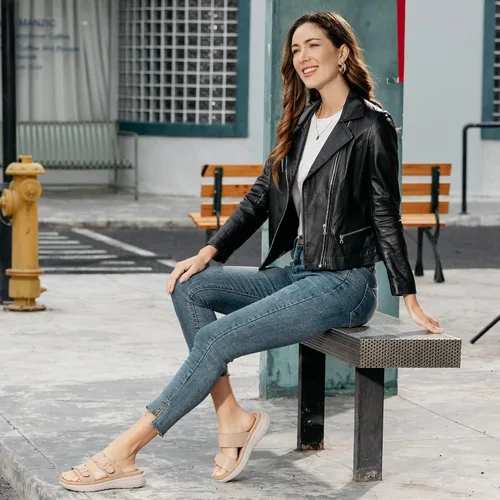 Vista 2 de JABASIC Sandalias deslizantes para mujer, cómodas y ajustables con plataforma de doble hebilla