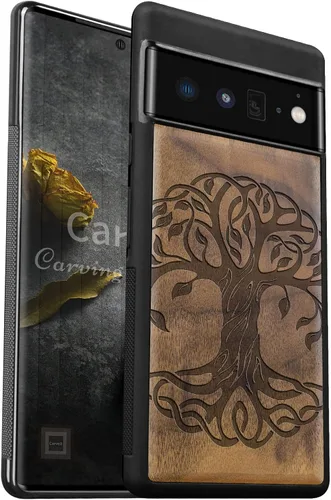 Vista 11 de Carveit Funda de madera para Pixel 6 [madera real dura y TPU suave] a prueba de golpes, funda protectora híbrida única y elegante de madera