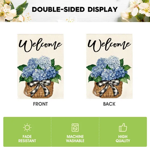 Vista 6 de AVOIN colorlife Bandera de jardín de primavera y verano de hortensias de 12 x 18 pulgadas, doble cara exterior, bandera floral de bienvenida