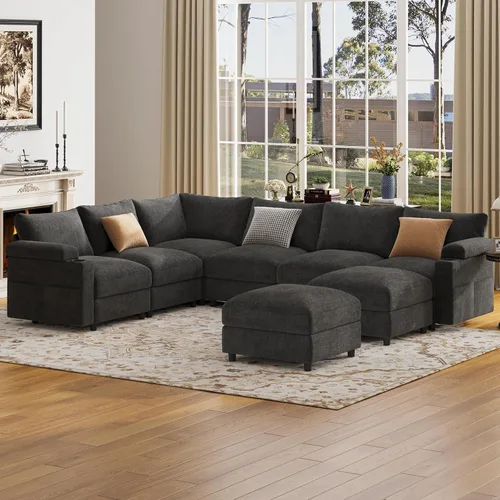Vista 4 de Sofás seccionales para sala de estar, sofá modular de terciopelo certificado FSC, de gran tamaño, en forma de nube, sofá convertible en forma de U