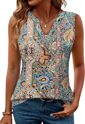 Vista 17 de Romanstii Camisas sin mangas para mujer, estilo casual, de verano, cuello en V, blusas elegantes, túnica