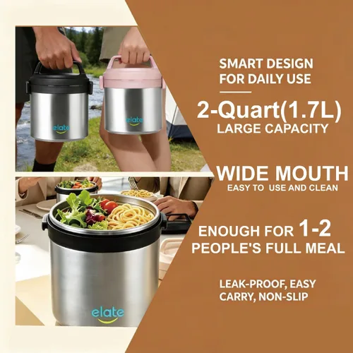 Vista 5 de Elate Tarro Térmico de Alimentos de 2 Cuartos para Comida Caliente 64oz Camp Crock de Acero Inoxidable con Aislamiento al Vacío, Recipiente
