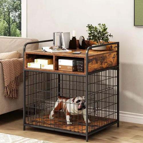 Vista 7 de Muebles de jaula para perros pequeños, perrera de interior, mesa de madera para perros con cajones de almacenamiento, jaula resistente para perros