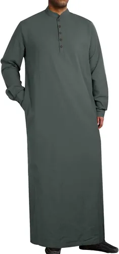 Vista 7 de Jacansi Túnica larga con botones musulmanes para hombre, de gran tamaño y extra larga, estilo árabe con bolsillos Verde militar