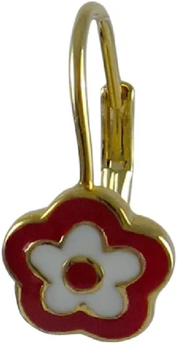 Vista 3 de Pendientes con cierre de palanca de flor esmaltada roja y blanca con acabado dorado, Esmalte