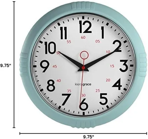 Vista 8 de Kiera Grace, reloj de pared retro con bisel cromado y lente de vidrio convexo, de 9.5 pulgadas, Plástico, Verde, 9.5