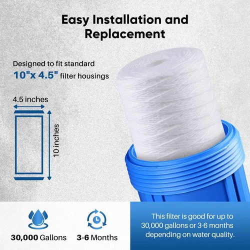 Vista 6 de PUREPLUS 1 Micron 10 x 4.5 Whole House String Wound Sediment Filter for Well Water, Replacement Cartridge for 84637, WPX5BB97P, PC10, CW5-BBS