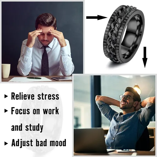 Vista 5 de Besteel 16 anillos de acero inoxidable para hombres y mujeres, anillos para aliviar la ansiedad, cadena fresca, bordes biselados, banda negra celta