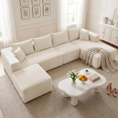 Vista 47 de Sofá modular en forma de L de 118 pulgadas, moderno sofá modular de pana de espuma viscoelástica de 4 plazas con otomana, asiento profundo tapizado