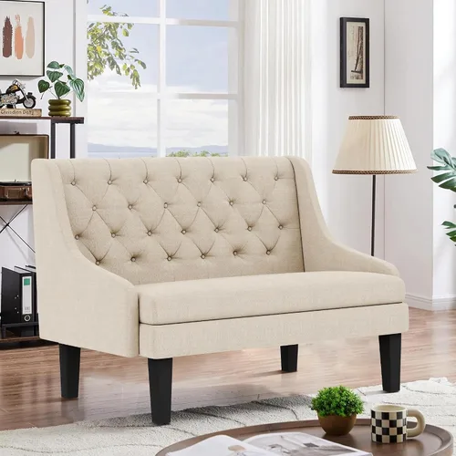 Vista 5 de Banco Settee con Respaldo Mini Sofá para Comedor Sala de Estar Entrada Moderno Banquette Tapizado con Botones Capitoné Loveseat Sofá con Patas