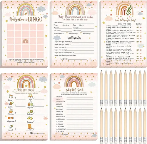 Vista 15 de Yinder 145 tarjetas de actividades para juegos de baby shower con 20 lápices, incluye descripción de bingo para bebés y deseos, adivina quién es
