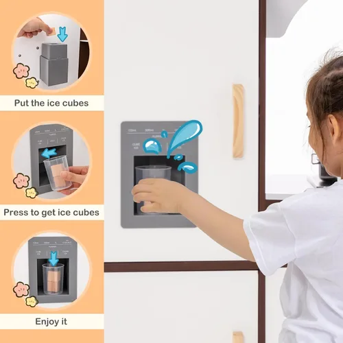 Vista 4 de HONEY JOY Juego de Cocina de Esquina para Niños, Cocina de Juego de Madera Definitiva para Niños Pequeños, Lavadora, Máquina de Hielo, Fregadero