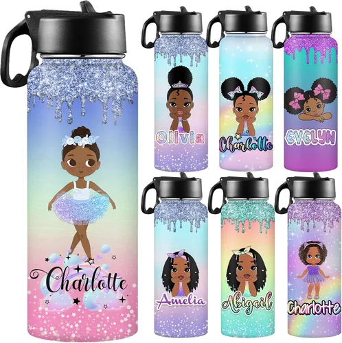 Vista 16 de Botellas de agua personalizadas para niñas, de acero inoxidable con aislamiento de doble pared con pajita, botella de agua de color degradado