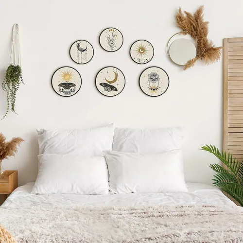 Vista 4 de Barydat 6 Piezas Arte de Pared Boho de Plantas de Madera Decoración de Pared Boho Granja Rústica Colgante de Pared Bohemia para Dormitorio Sala