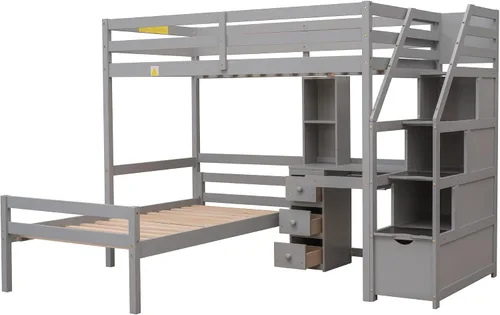 Vista 4 de Bellemave Cama alta con escritorio y escaleras, litera individual sobre cama individual con cajones de almacenamiento y estantes, camas altas