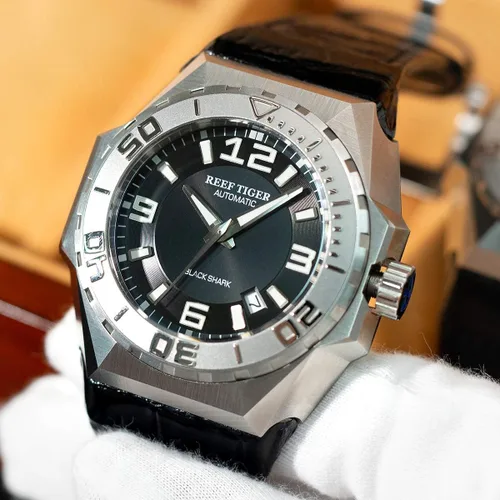 Vista 3 de REEF TIGER Hombres Relojes de buceo Reloj automático de acero Relojes Militares Correa de cuero RGA6903 RGA6903-YBB