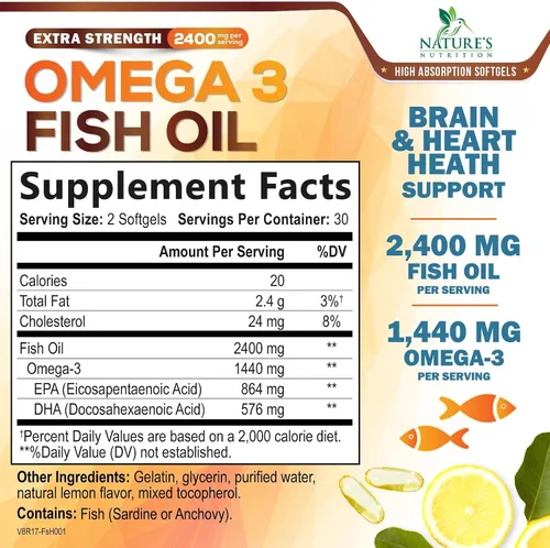 Vista 2 de Suplementos de aceite de pescado Omega 3 – 2400 mg de aceite de pescado por porción – Omega-3 de triple fuerza con ácidos grasos EPA y DHA – Apoyo