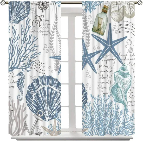 Vista 21 de Cortinas de decoración de playa con océano azul, peces náuticos costeros playeros de verano, conchas marinas, temática infantil, dormitorio, sala