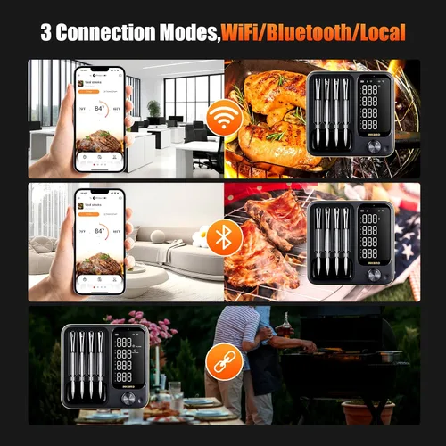 Vista 7 de Termómetro inalámbrico para carne con 4 sondas WiFi con base independiente de pantalla LCD legible en 360°, WiFi y Bluetooth 5.3 de alcance