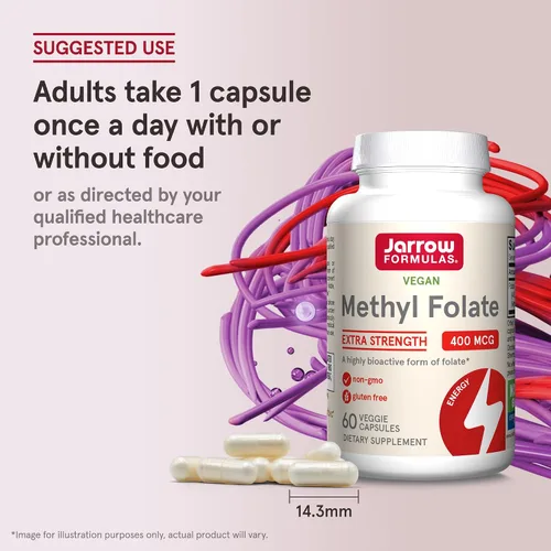 Vista 7 de Jarrow Formulas Folato de metilo extra fuerte 400 mcg, suplemento dietético para apoyo de salud cardiovascular y neurológica, 60 cápsulas vegetales