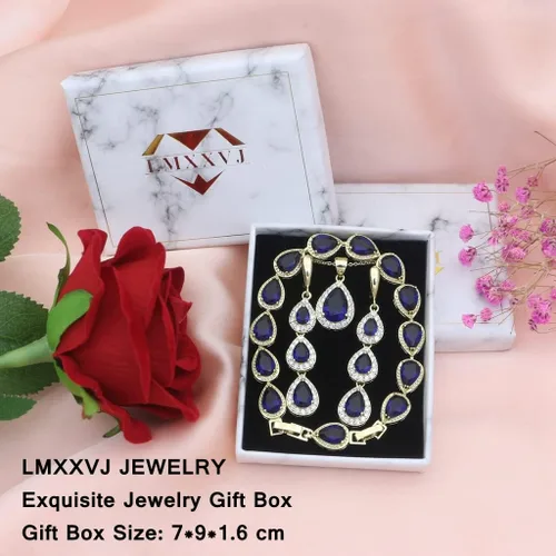 Vista 5 de LMXXVJ Juego de collar y aretes largos, chapados en oro blanco, juego de joyas de zafiro azul creado, joyería de regalo para boda, fiesta, joyería