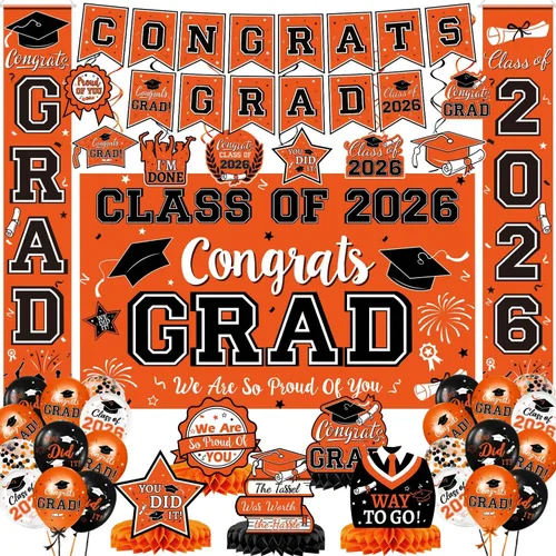 Vista 8 de Decoraciones de graduación 2026, juego de decoraciones de graduación rojo y negro con pancarta y telón de fondo de felicitaciones, letrero