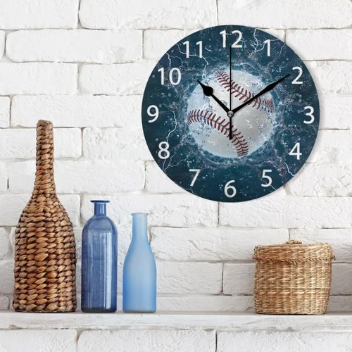 Vista 3 de senya Reloj de pared redondo de béisbol, silencioso, sin tictac, pintura al óleo, decorativo, para el hogar, oficina, escuela, arte