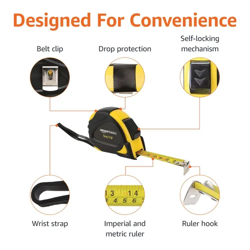 Vista 4 de Amazon Basics - Cinta métrica autobloqueante, precisión MID, 16 pies (5 m), Negro, Amarillo