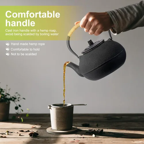 Vista 5 de Tetera de hierro fundido suyika Tetsubin japonesa con infusor de acero inoxidable para olla de uso en estufa segura con interior esmaltado 22 oz/650